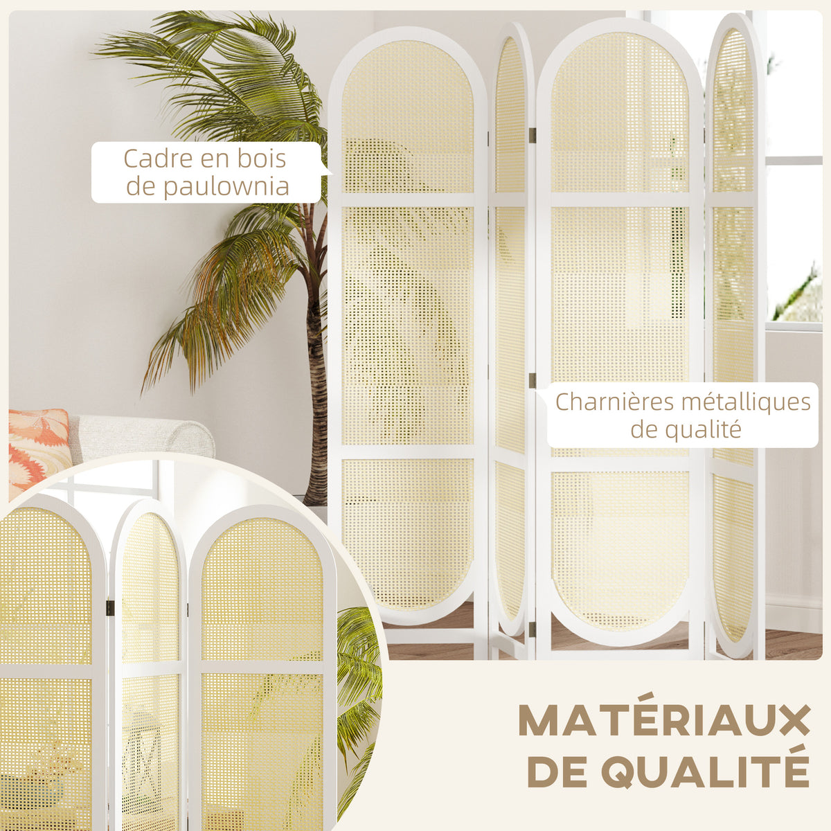 Paravent interieur en bois 4 panneaux 170 x 160 cm pliable et portable, motif tissé à la main, blanc-5