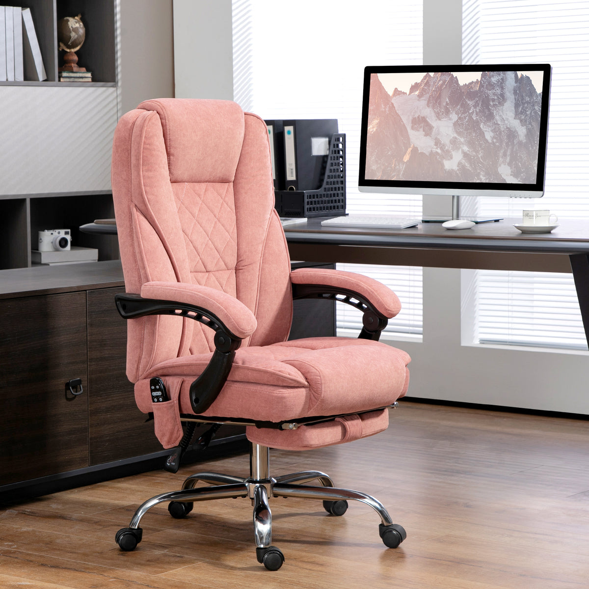 Fauteuil de bureau massant et chauffant hauteur réglable dossier inclinable télécommande repose-pieds rétractable rose-1
