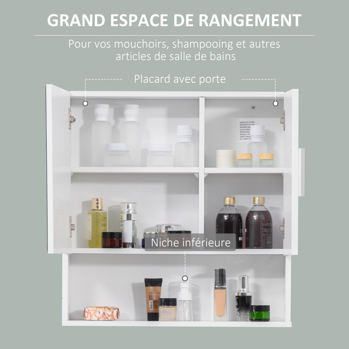 Armoire murale miroir de salle de bain avec portes et étagère réglable - dim. 54L x 15,2l x 55,3H cm blanc-4