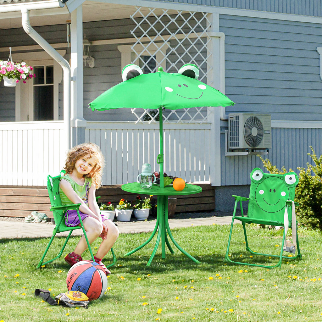 Ensemble Salon de Jardin Enfant 4 pcs Design Grenouille - Table Ronde + 2 chaises Pliables + Parasol - métal époxy Oxford Vert-1