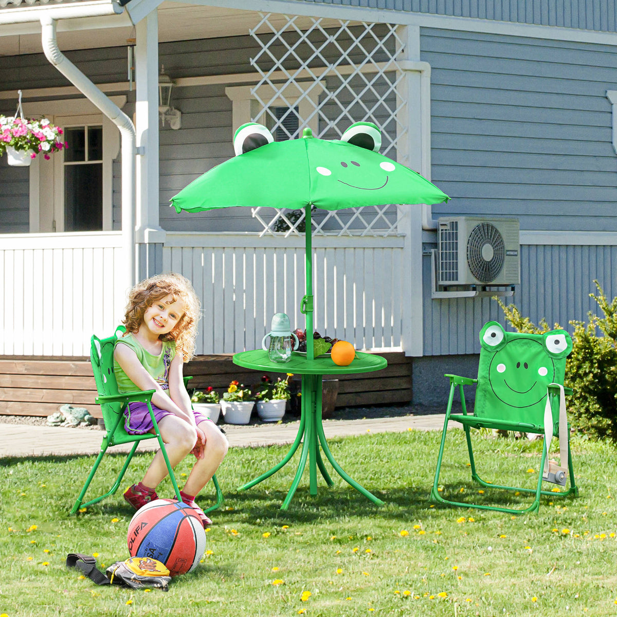 Ensemble Salon de Jardin Enfant 4 pcs Design Grenouille - Table Ronde + 2 chaises Pliables + Parasol - métal époxy Oxford Vert-1