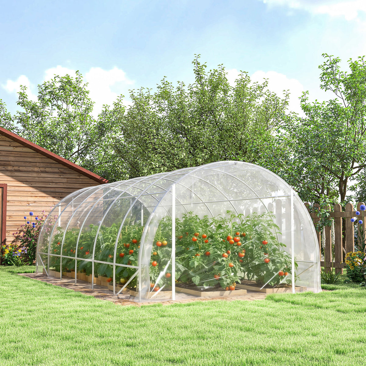 Serre tunnel de jardin 18m² serre de jardin tunnel 296x597x199cm cadre acier galvanisé, bâche PE 150g/m² transparent-8