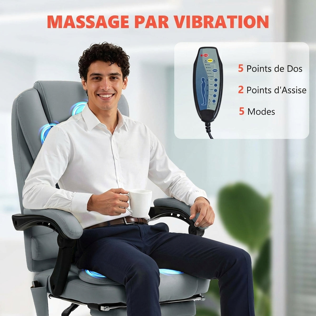 Fauteuil de bureau massant, chaise de bureau avec hauteur réglable, dossier inclinable et télécommande filaire, gris-3