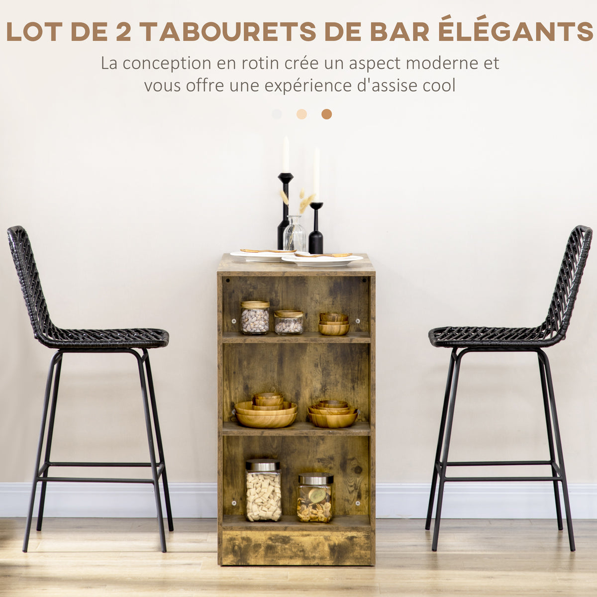 Lot de 2 tabourets de bar design bohème hauteur 66 cm avec repose-pieds métal et rotin PE - noir-3