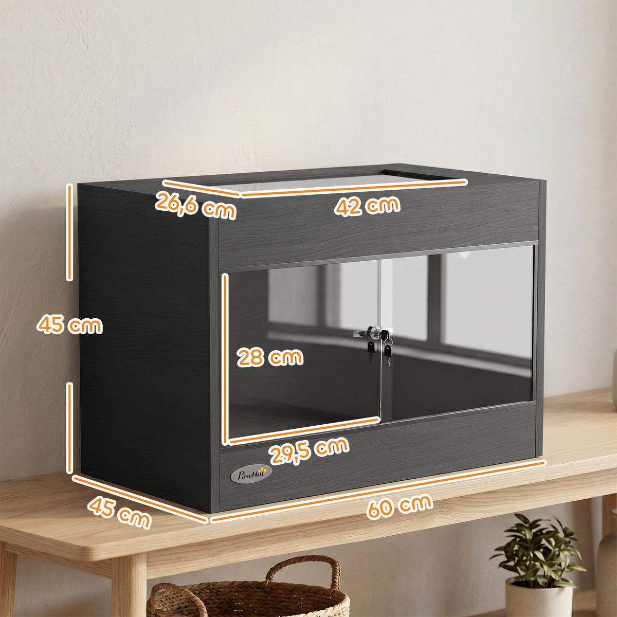 Terrarium pour Reptiles en Bois OSB, Porte en Verre Trempé, Serrure Sécurisée et Couvercle en Filet, 60x45x45cm, Noir-2
