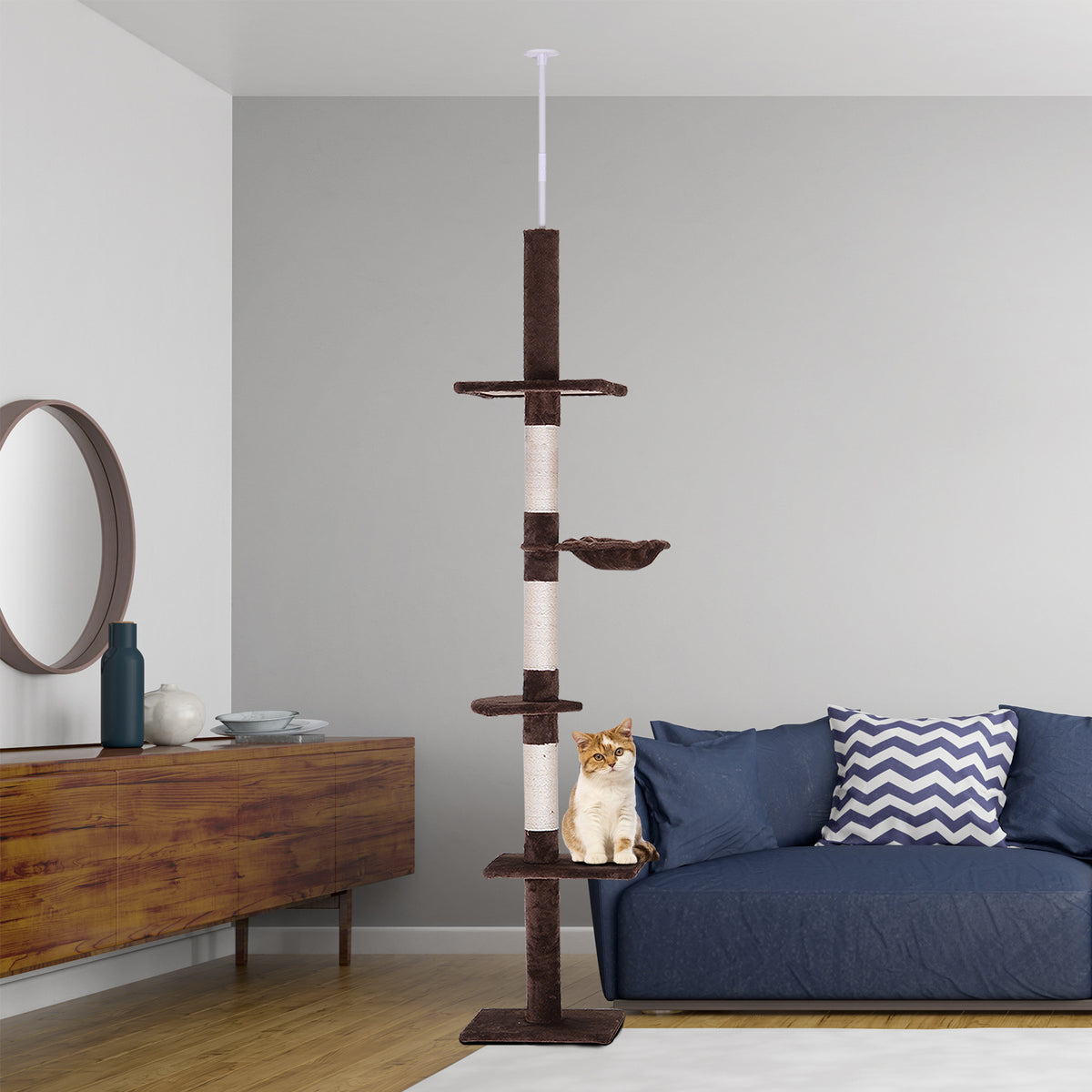Arbre chat du sol au plafond poteau à griffer L40 x l 34 x H 230-260 cm 5 niveaux d'activités marron-1