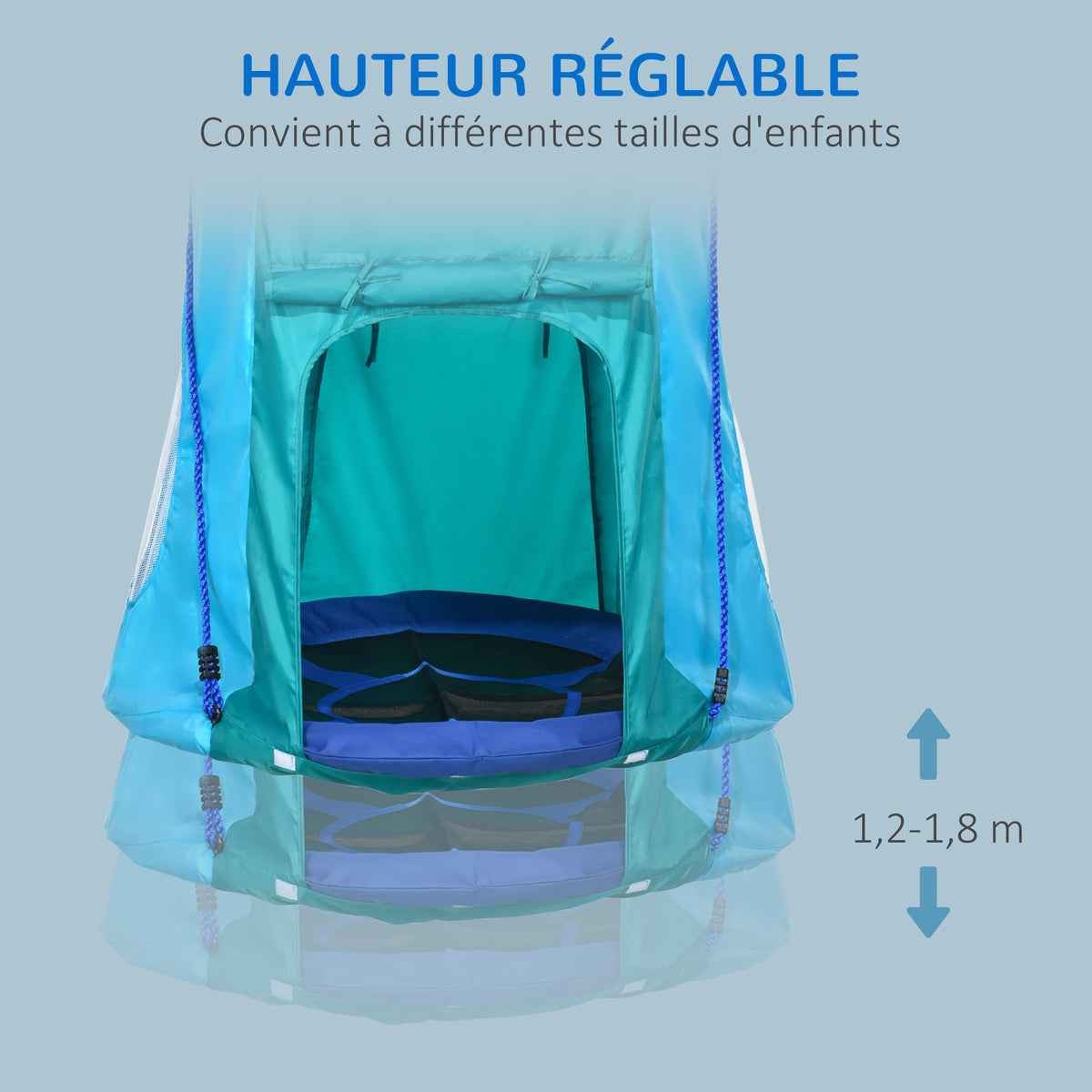 Balançoire nid d'oiseau avec tente amovible Ø 100 cm charge max. 150 Kg corde réglable en hauteur 120 à 180 cm bleu-5