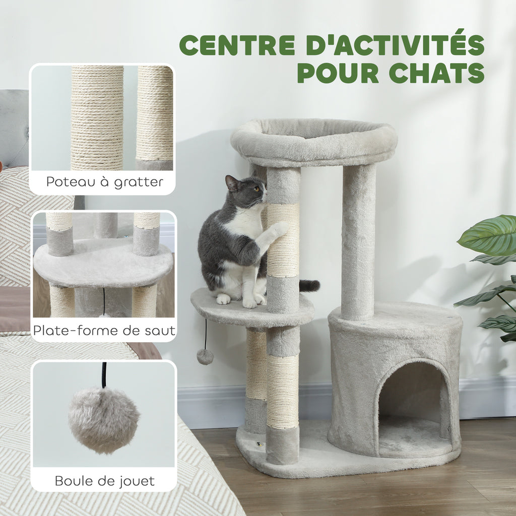 Arbre à chat tour de jeux pour chats griffoirs, plate-forme, niche, balle, tissu peluche, 60 x 45 x 90 cm, gris clair-3