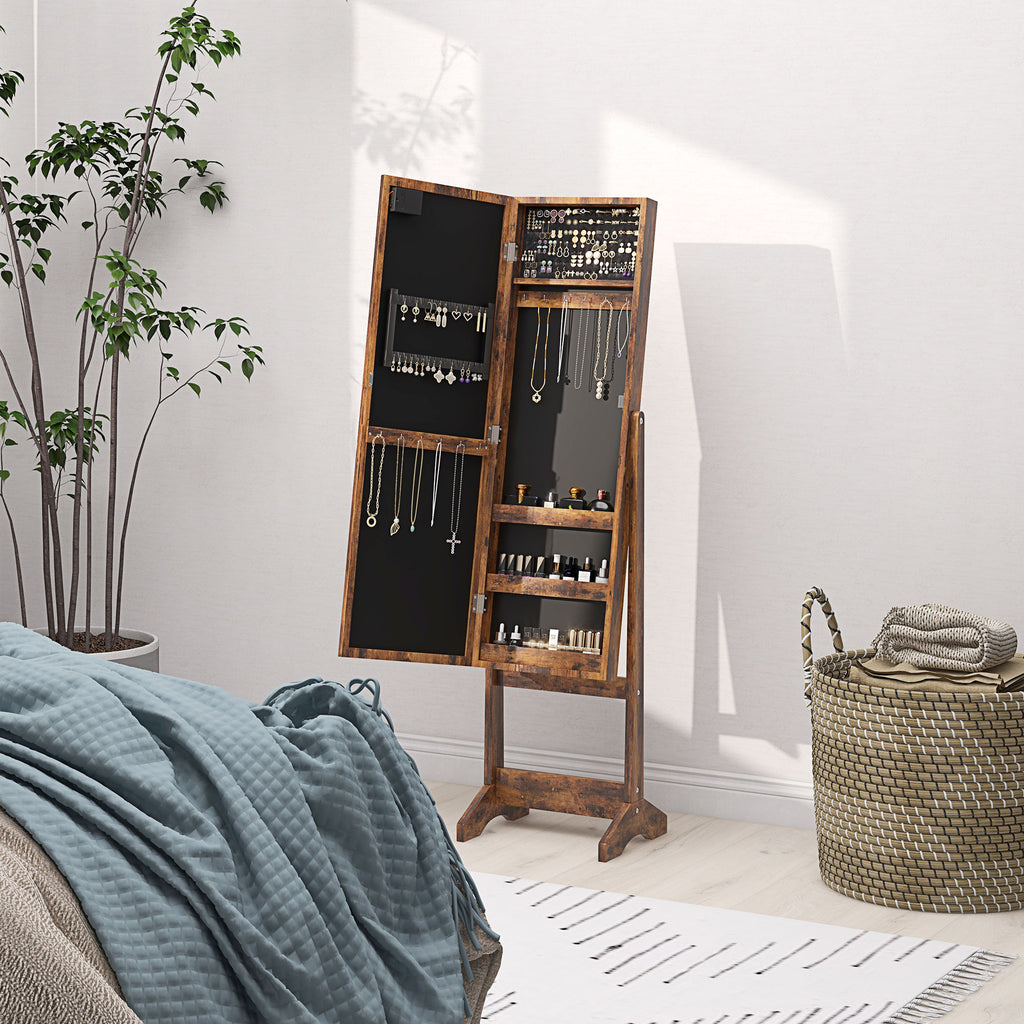 Armoire à bijoux armoire de rangement sur pieds boîte à bijoux avec miroir multi-rangements éclairage LED brun rustique-7