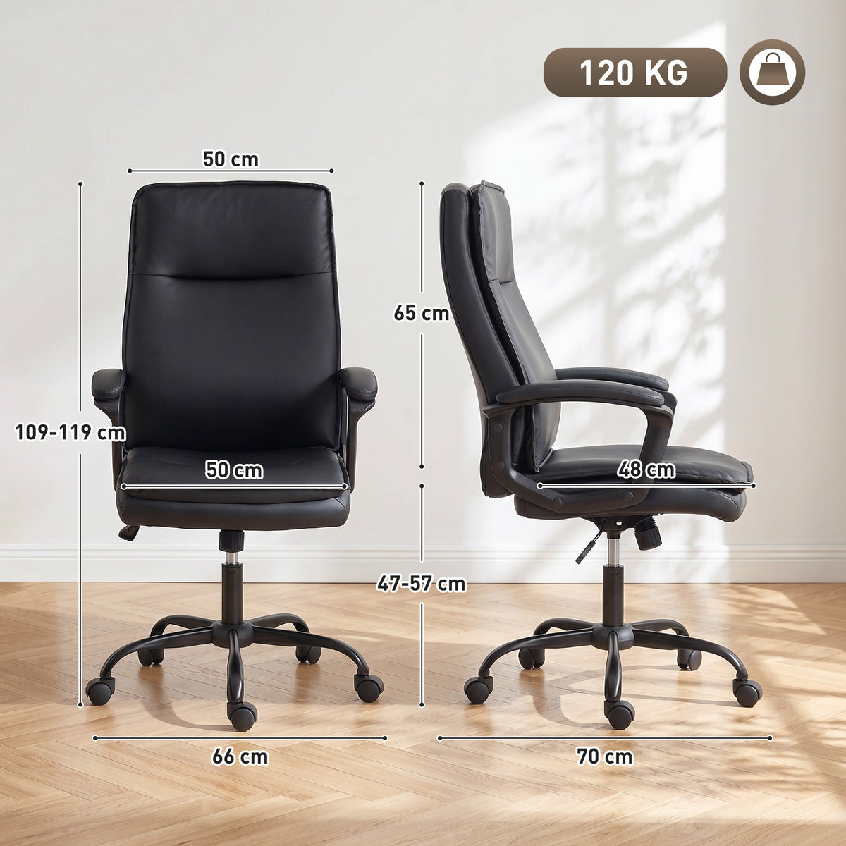 Chaise bureau ergonomique, fauteuil de bureau en PU, hauteur réglable, fonction bascule, pivotante 360°, noir-2