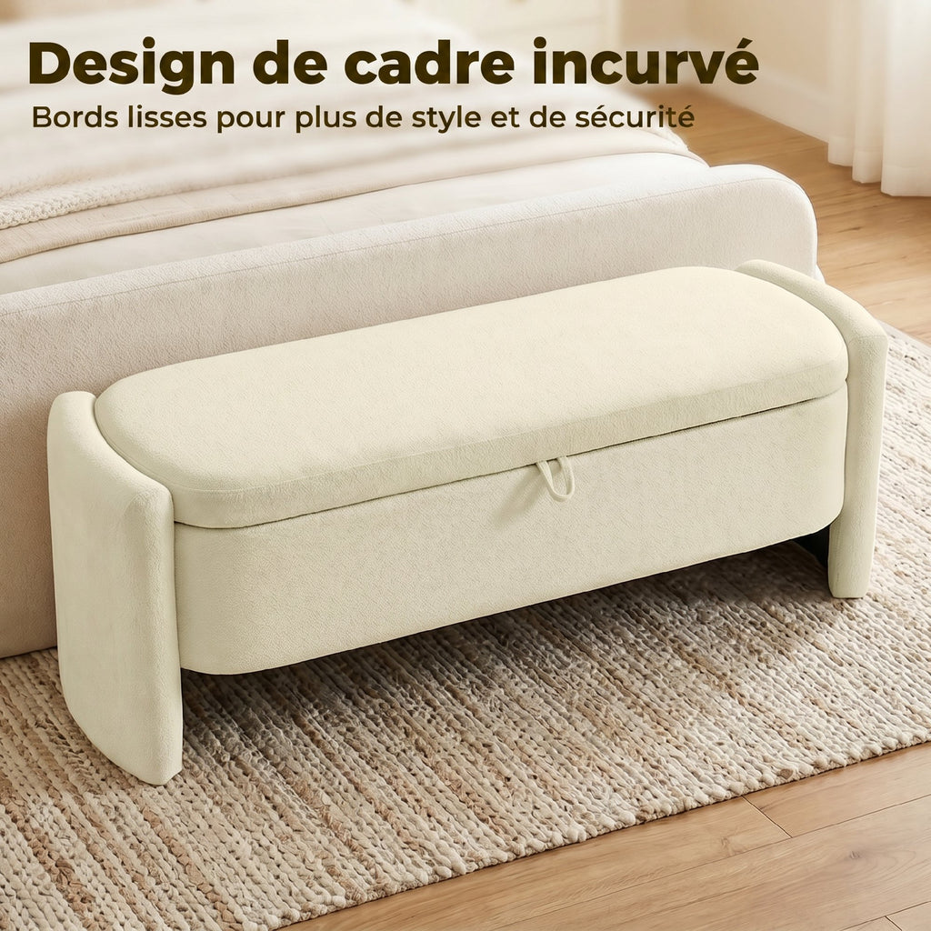 Banc Bout de Lit Banquette, 118x42x45cm, Banc de Rangement Rembourré en Tissu Bouclé, Pieds en Bois d'Eucalyptus, Crème-3