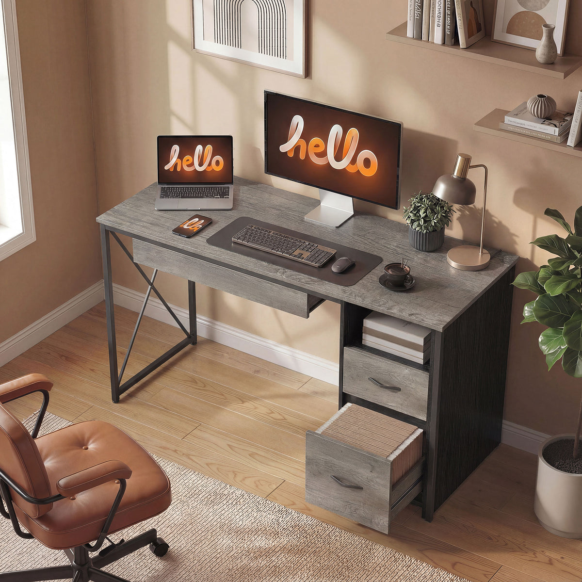 Bureau d'ordinateur, 120×50cm, bureau avec rangement, plateau clavier, compartiment ouvert et 2 tiroirs, gris-1