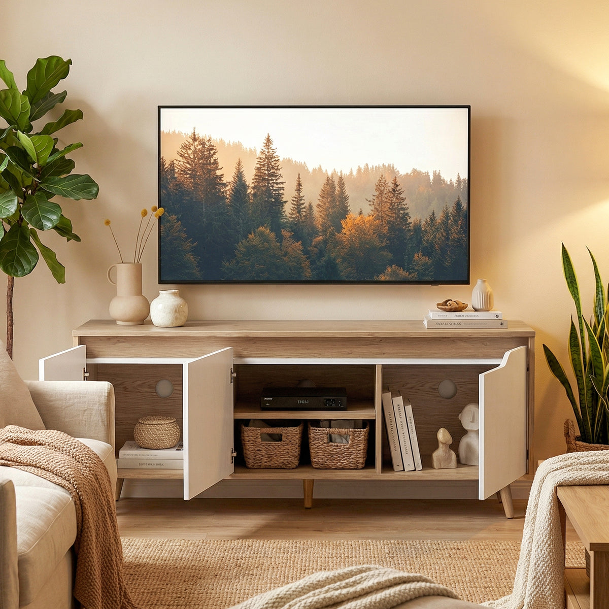 Meuble TV 120 cm, meuble télé pour téléviseur jusqu'à 55 pouces avec 3 portes, étagère réglable, chêne et blanc-7