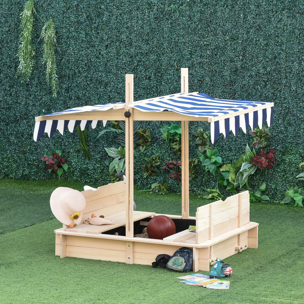 Bac à sable carré en bois pour enfants dim. 106L x 106l cm avec bancs et couvercle - auvent réglable-9