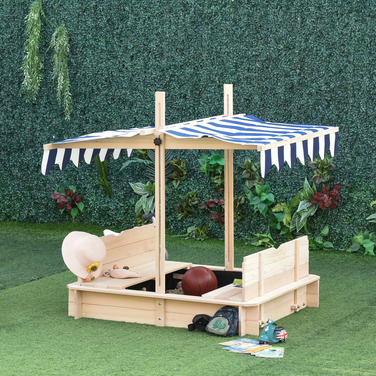 Bac à sable carré en bois pour enfants dim. 106L x 106l cm avec bancs et couvercle - auvent réglable-9