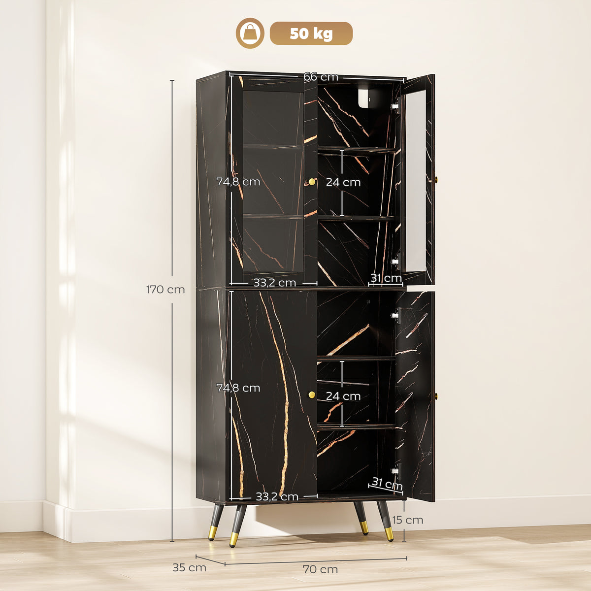 Bibliothèque, étagère à 6 niveaux, meuble de rangement 6 étagères ouvertes porte vitrée et placard 70 x 35 x 170 cm noir-2