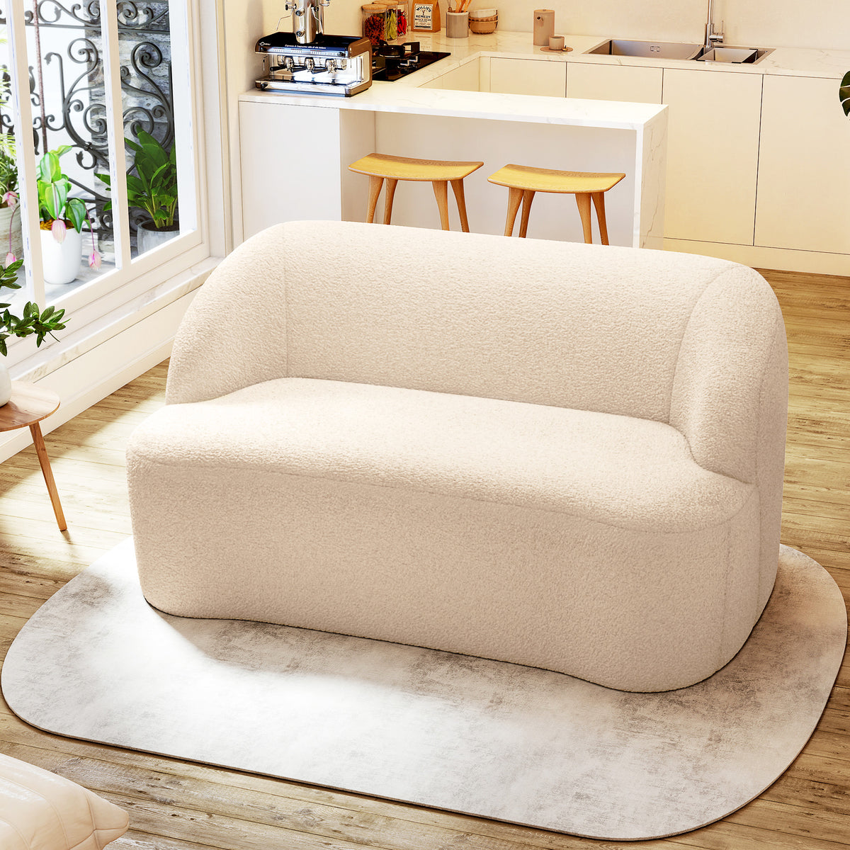 Canapé 2 places canapé en tissu bouclette 142 cm avec dossier et assise incurvés, aucun assemblage requis, beige-9