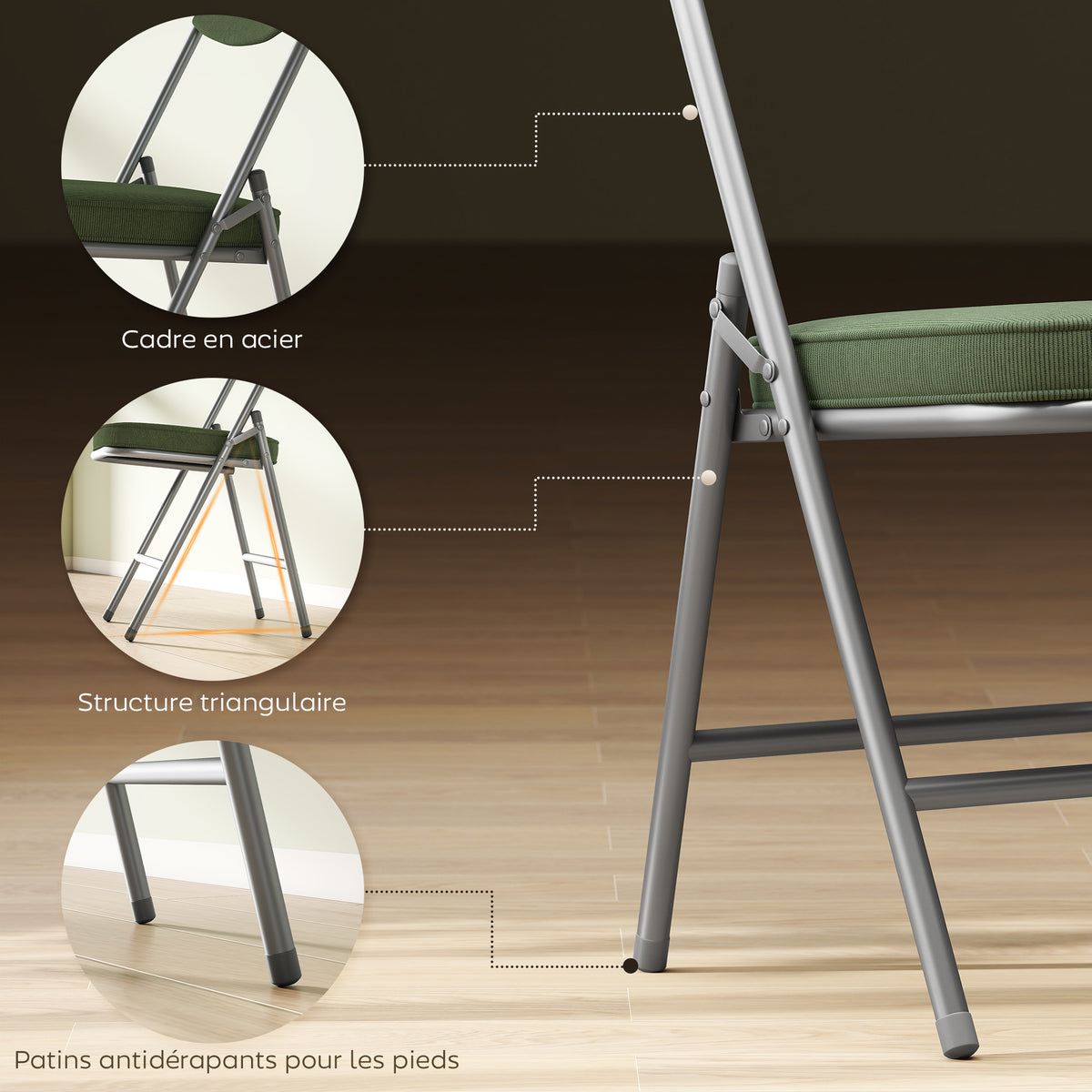 Lot de 4 chaises pliantes chaises de salle à manger portables avec assises et dossiers rembourrés en velours côtelé vert-5
