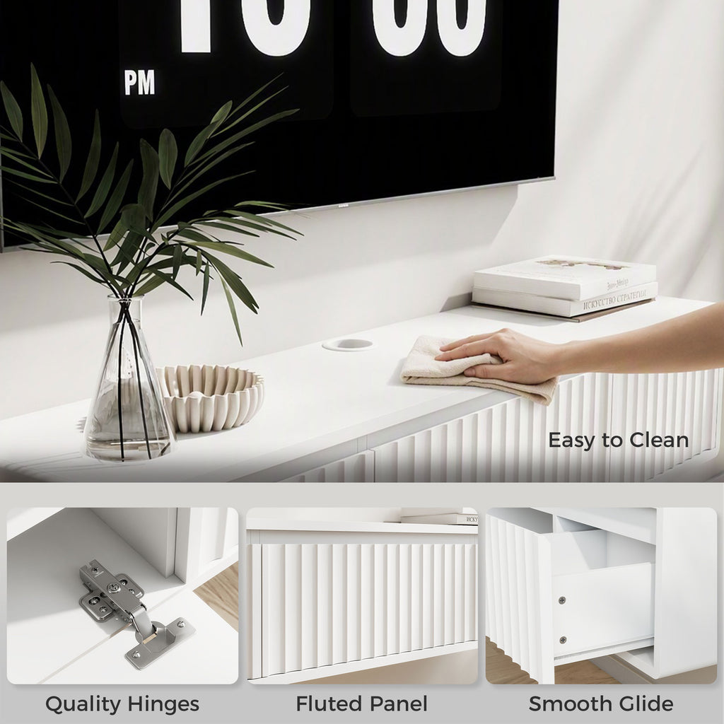 Meuble TV Suspendu Flottant 120 cm avec Éclairage LED et Prises, Meuble Télé pour Téléviseur 65 Pouces, Blanc-7