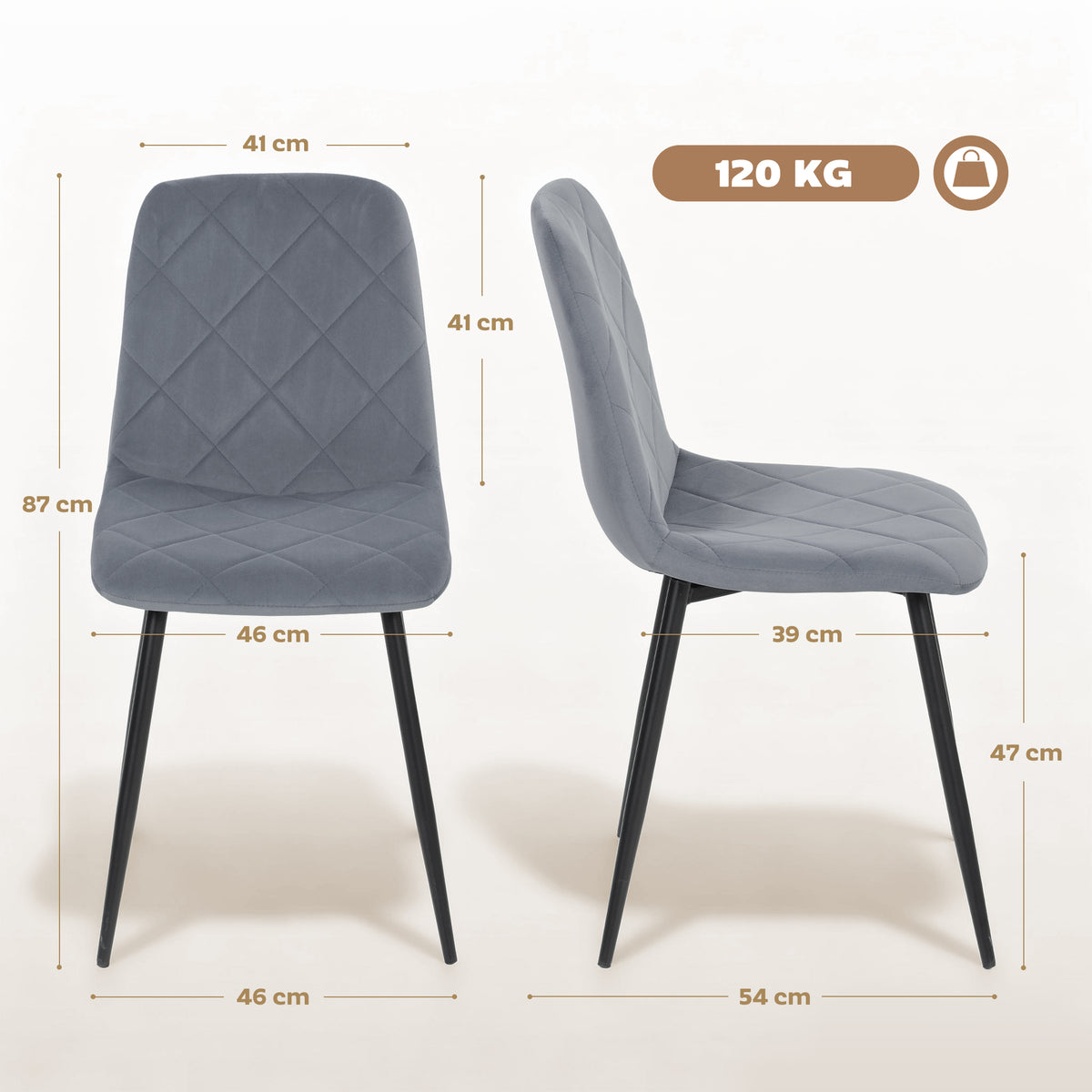 Lot de 4 chaises de salle à manger rembourrées avec dossier haut, pieds en acier et tissu effet velours, gris-2