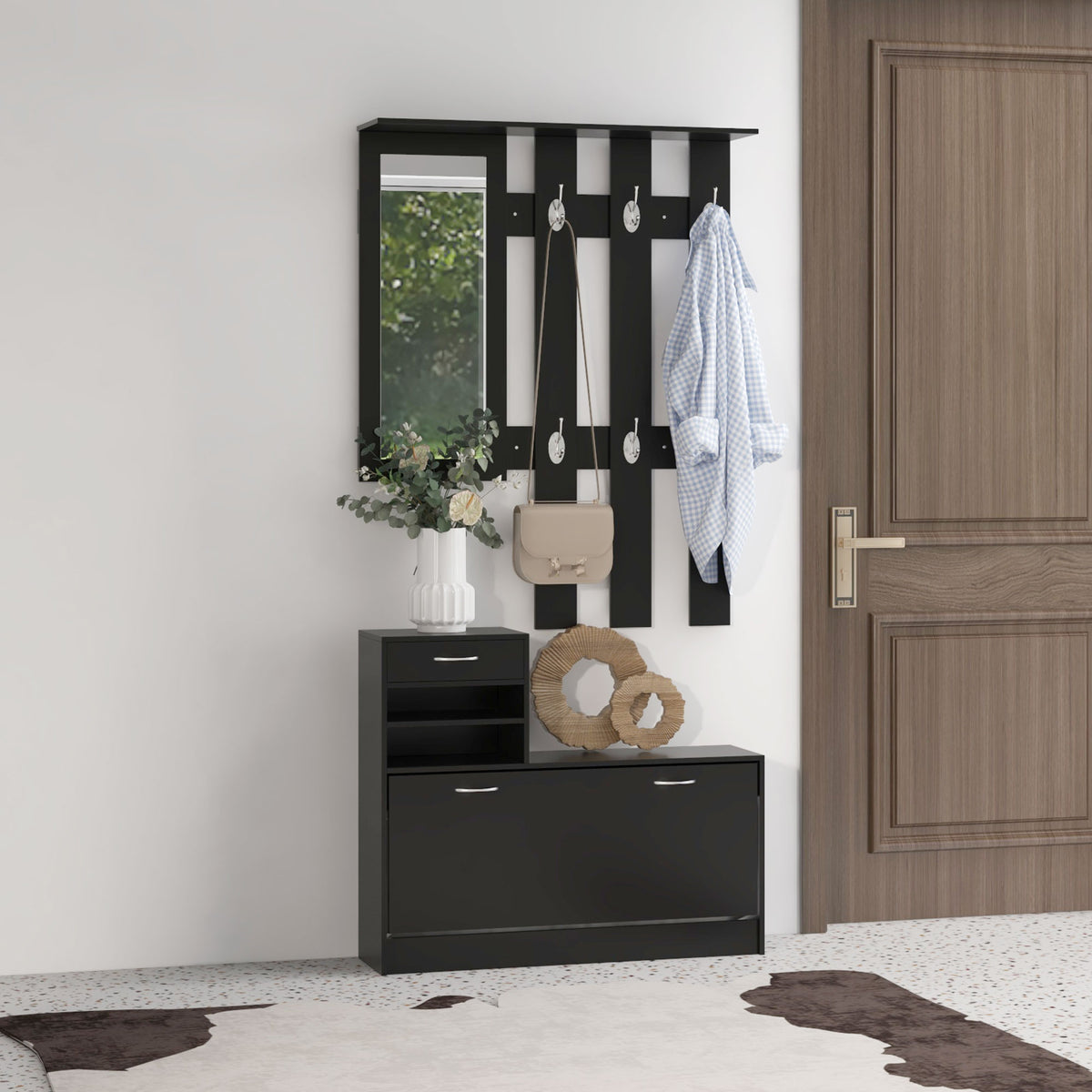Ensembles 3 en 1 de meuble d'entrée vestiaire avec panneau porte-manteau, miroir et banc à chaussures noir-1