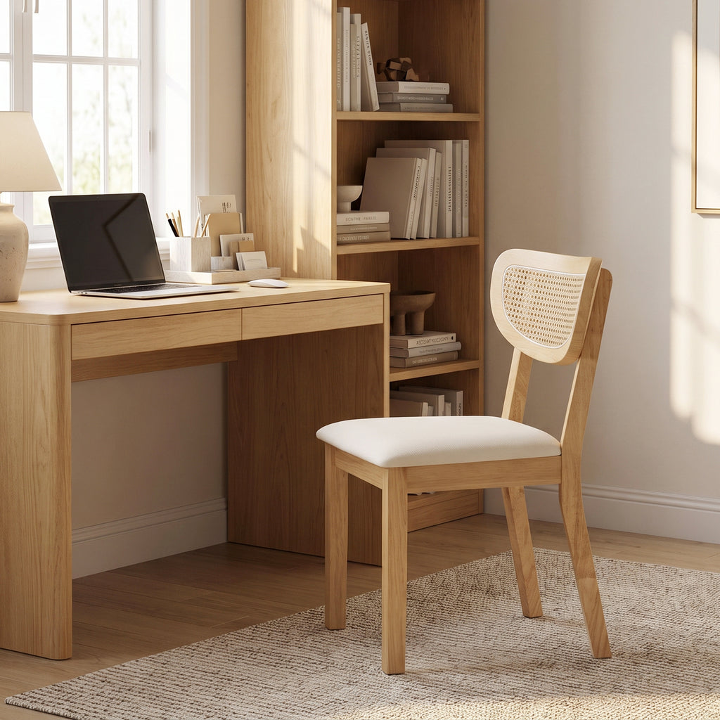 Lot de 2 Chaises de Salle à Manger, Chaises de Cuisine Rembourrées en Lin, Dossier à Effet Rotin et Pieds d'Hévéa, Beige-9
