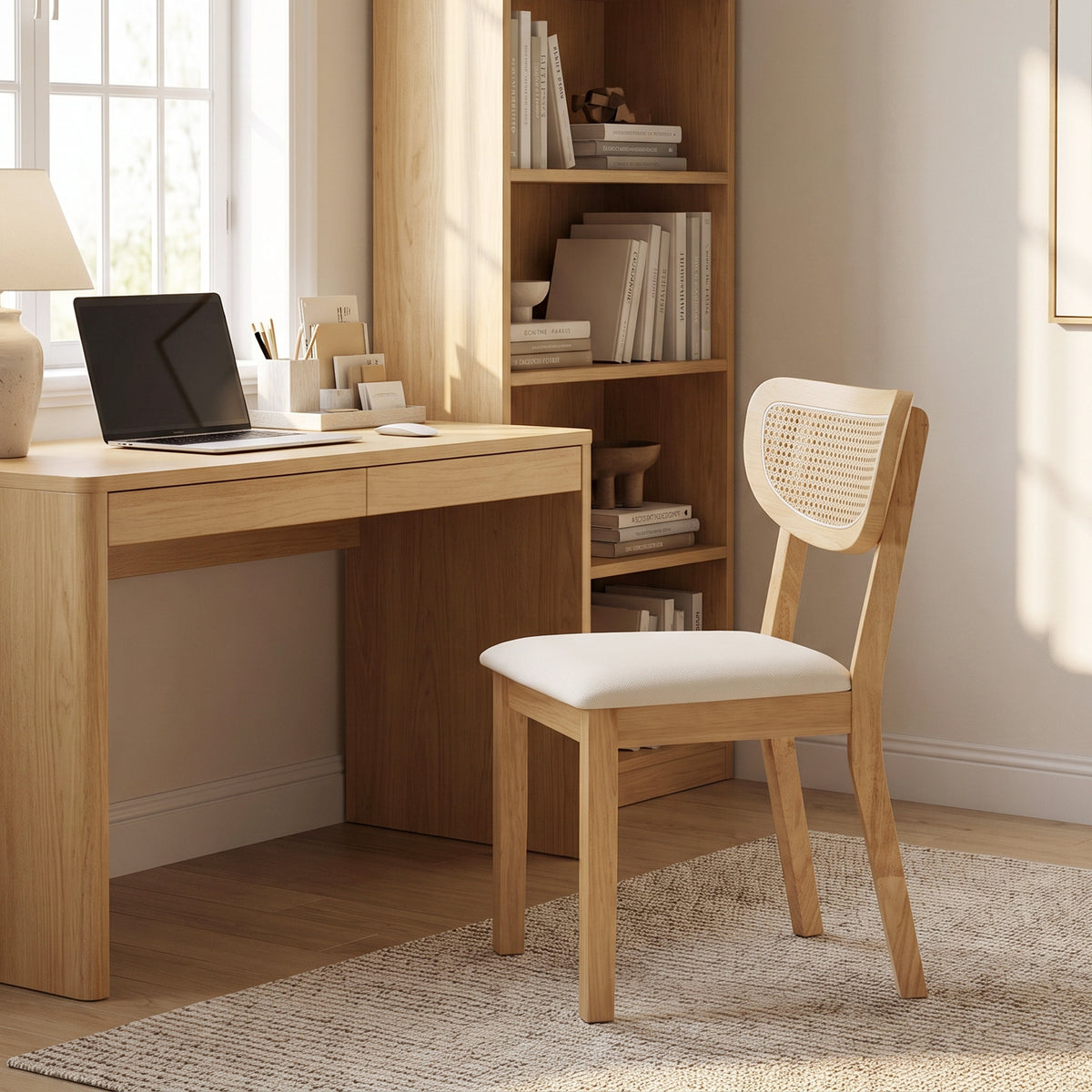 Lot de 2 Chaises de Salle à Manger, Chaises de Cuisine Rembourrées en Lin, Dossier à Effet Rotin et Pieds d'Hévéa, Beige-9