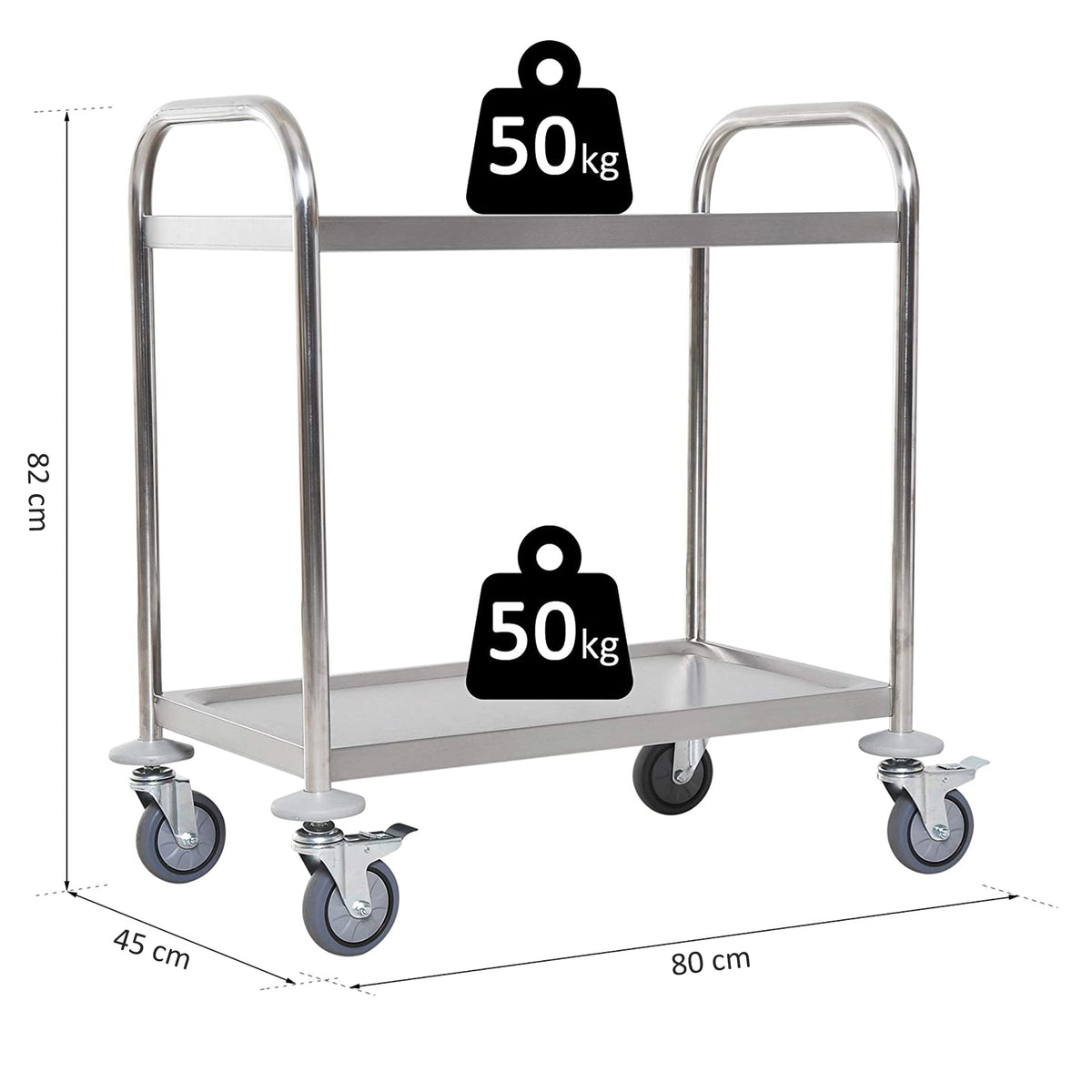 Chariot de service desserte de cuisine à roulettes 2 étagères 80L x 45l x 82H cm acier inox. chromé-2