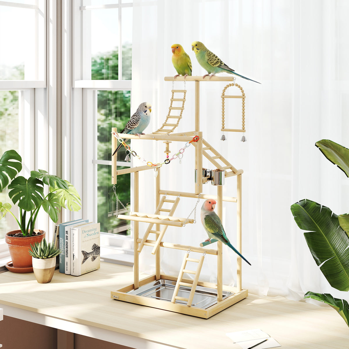 Aire de jeux pour oiseaux, terrain de jeu pour perroquet, échelles, jouet à chaîne, plateau, 48x38x95cm, bois naturel-1