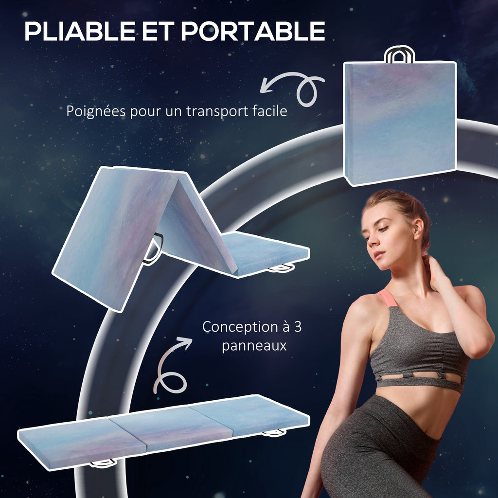 Tapis de gymnastique yoga pilates fitness pliable en 3 panneaux avec poignées revêtement synthétique 180 x 60 x 5cm bleu-3