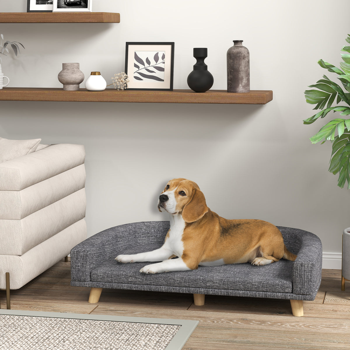 Canapé Chien Grand Lit surélevé pour Chien Coussin Lavable Cadre en Bois Tissu Polyester 98 x 67 x 25 cm Gris Foncé-9