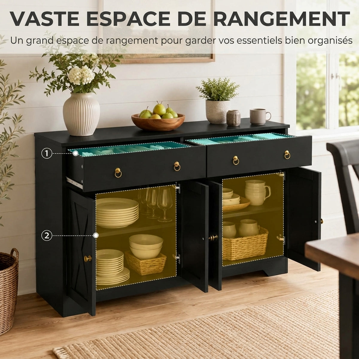 Buffet meuble de rangement armoire de cuisine style rural 2 tiroirs et 2 placards étagères à hauteurs réglables noir-4