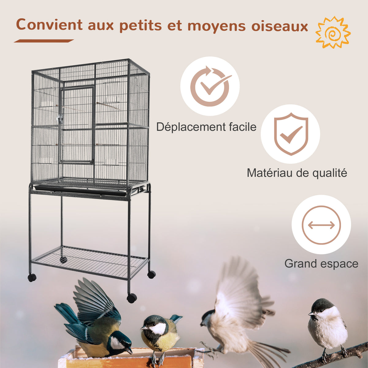 Cage à Oiseaux Portable avec 4 Mangeoires et 4 Perchoirs Pratique 81 x 48 x 162,5 cm Noir et Gris-6