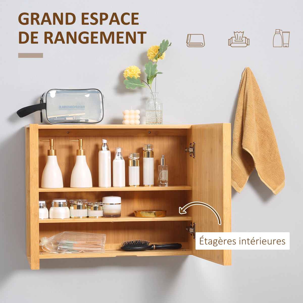 Armoire murale de salle de bain avec miroirs et 2 portes en bambou 65,2 x 14 x 50 cm-3