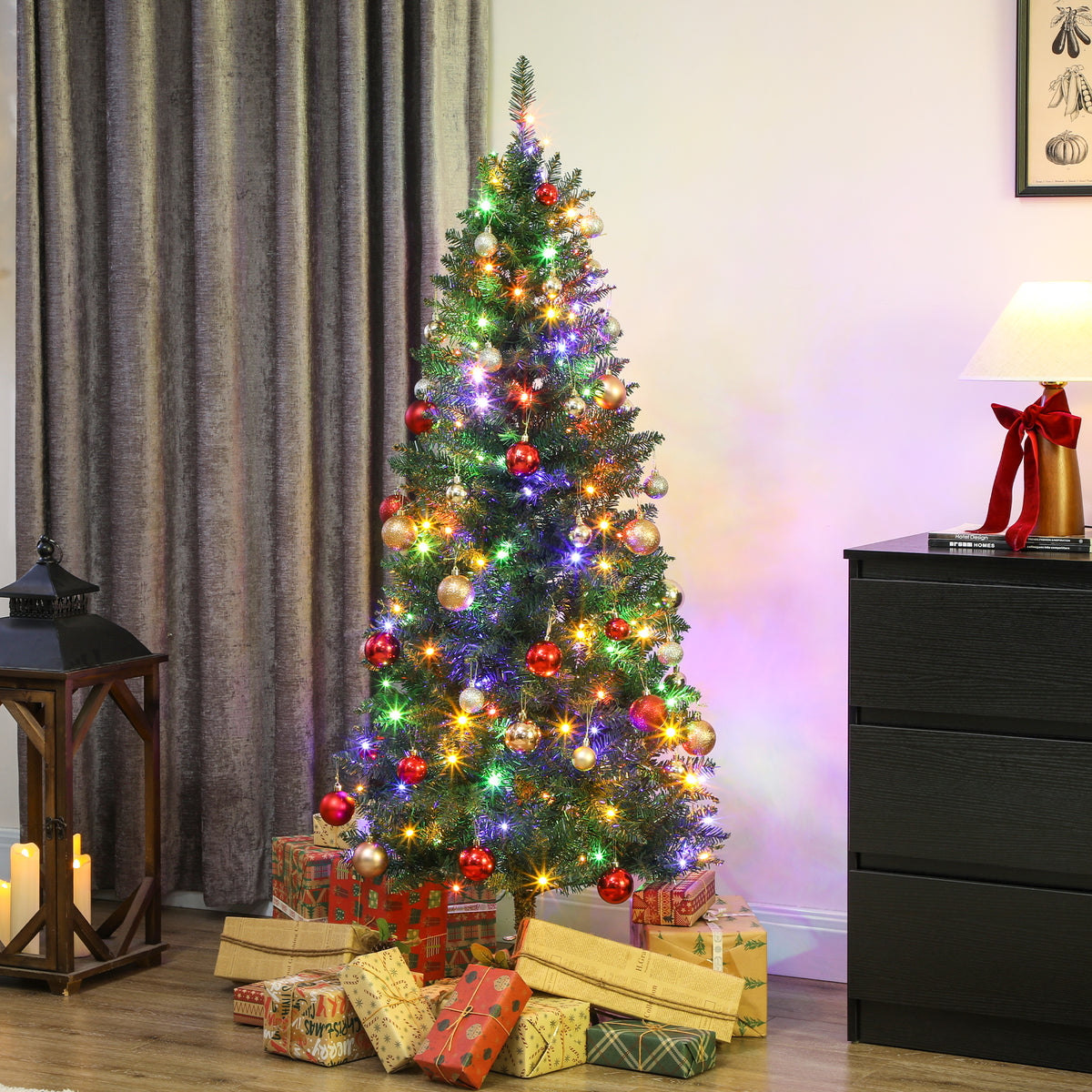 Sapin de Noël artificiel 150 cm, arbre de Noël fin avec 170 lumières, 635 pointes, support en métal pliable, vert-1