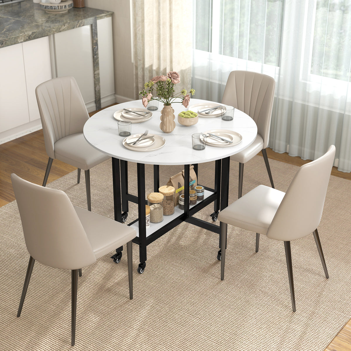 Table à Manger Pliante sur Roulettes, Table de Cuisine pour 4 Personnes avec Étagère Intégrée, 100 x 100 x 75 cm, Blanc-9