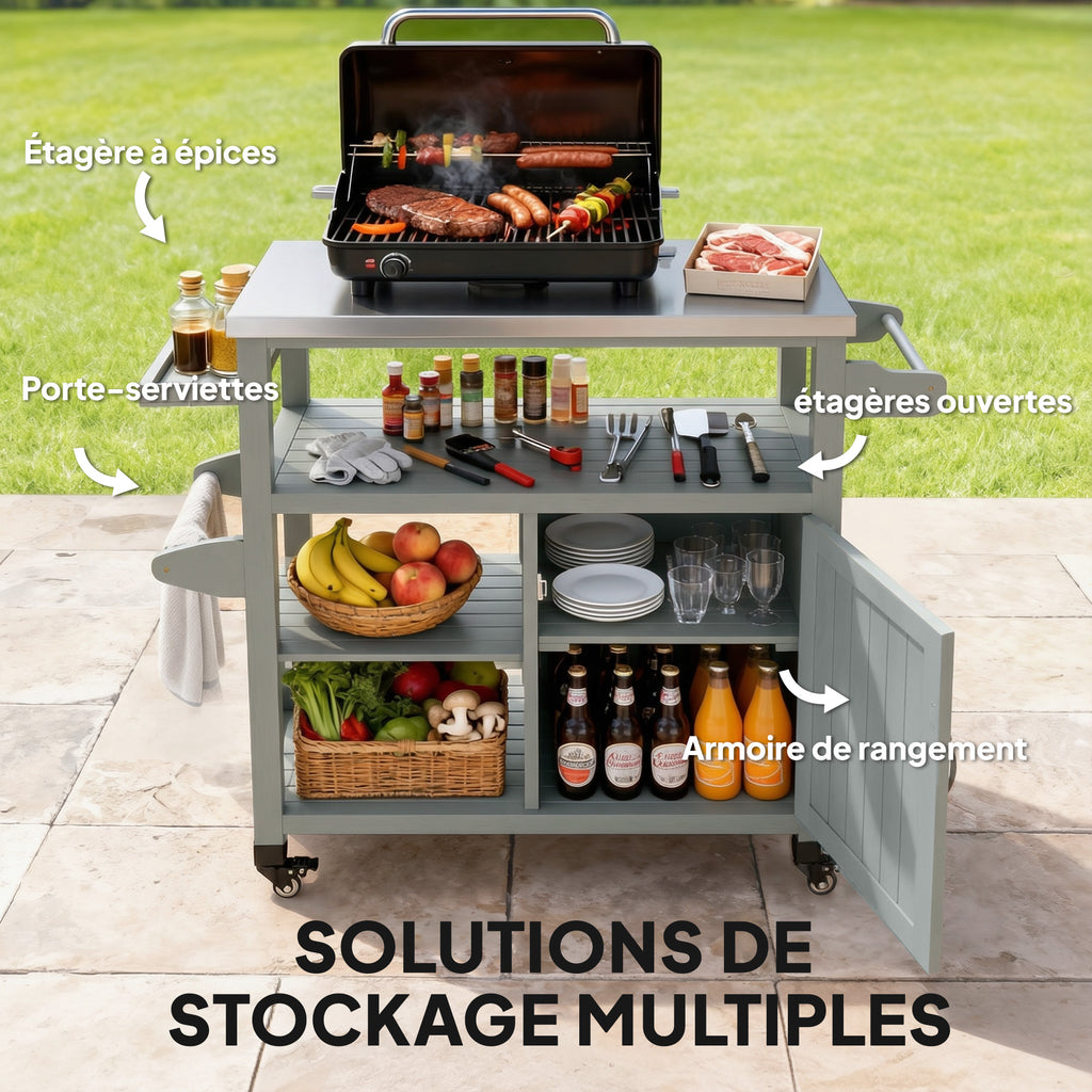 Desserte jardin chariot de barbecue sur roulettes avec plateau en acier inoxydable 107x49,5x92,5cm gris-4