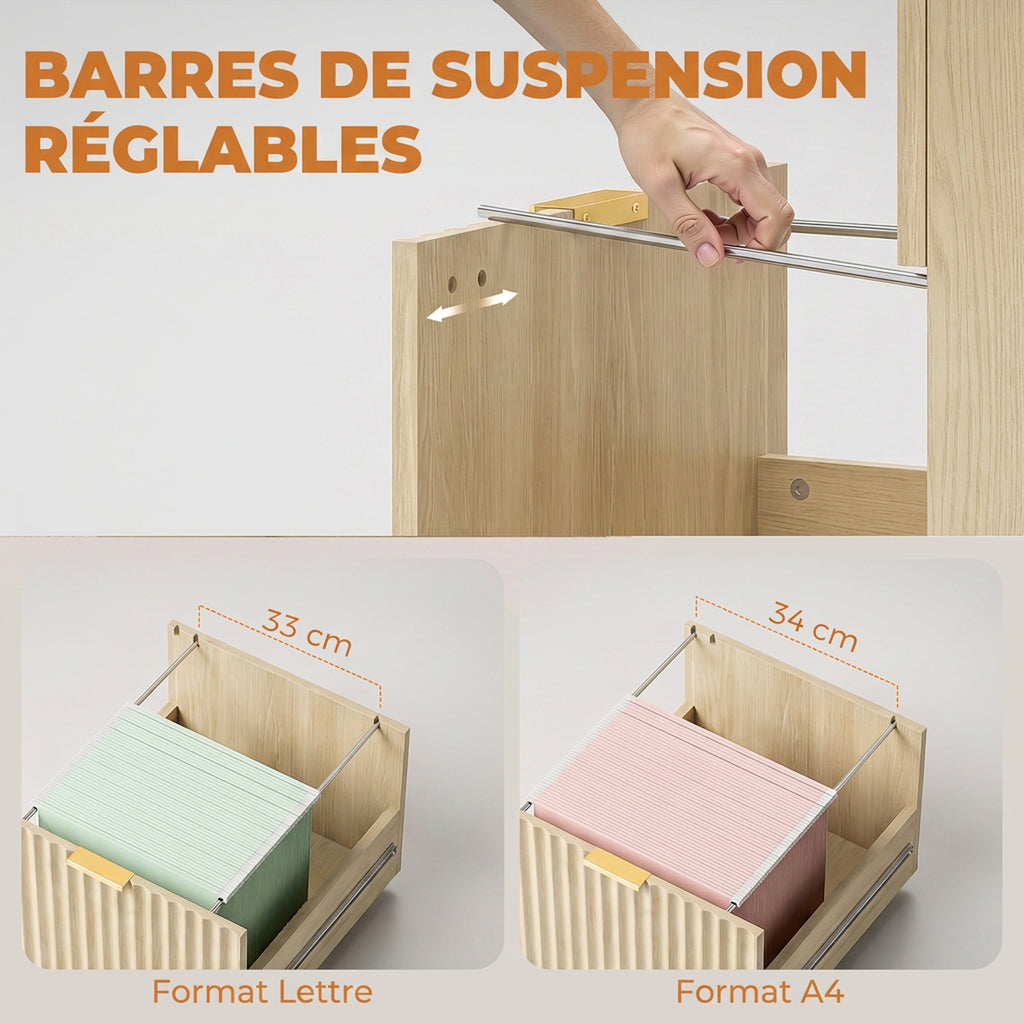 Bureau d'Ordinateur, Rangement Réversible, 3 Tiroirs Façades Ondulées, Plateau Épais et Spacieux, 120x50x76cm, Chêne-5