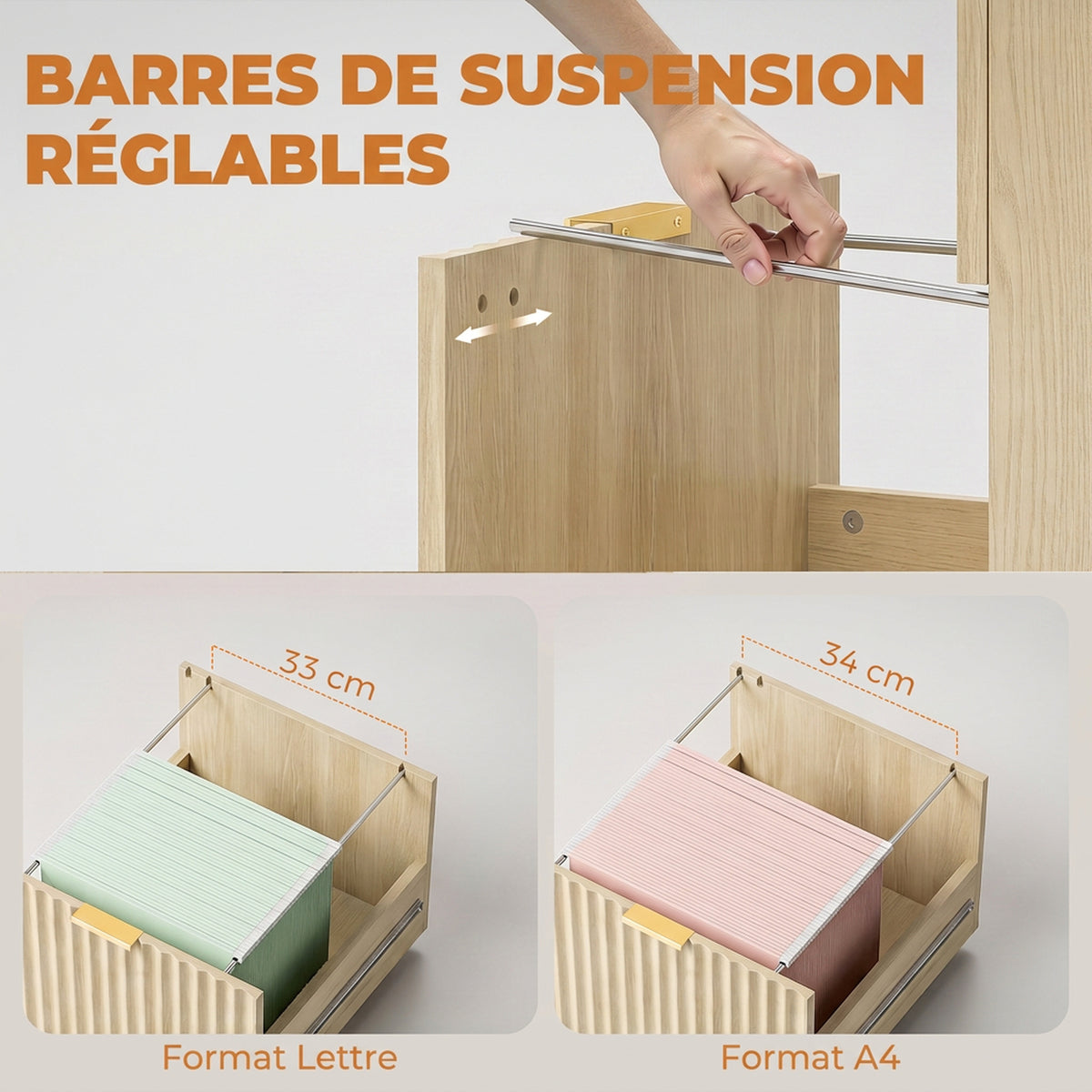 Bureau d'Ordinateur, Rangement Réversible, 3 Tiroirs Façades Ondulées, Plateau Épais et Spacieux, 120x50x76cm, Chêne-5