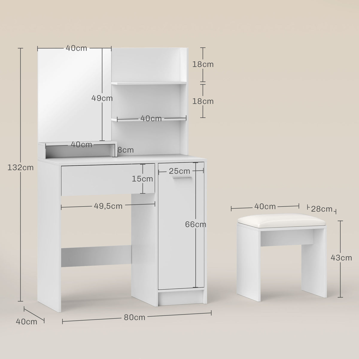 Ensemble coiffeuse avec miroir et tabouret, tiroir, armoire étagère réglable pour la chambre 80l x 40P x 132H cm, blanc-2