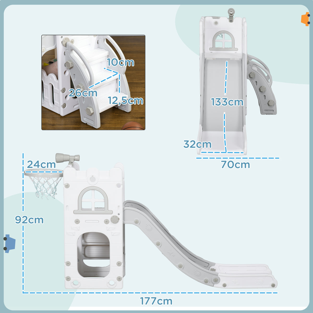 Toboggan pour enfants 5 en 1 avec panier de basket escalade télescope espace de rangement 70 x 177 x 92 cm gris-2