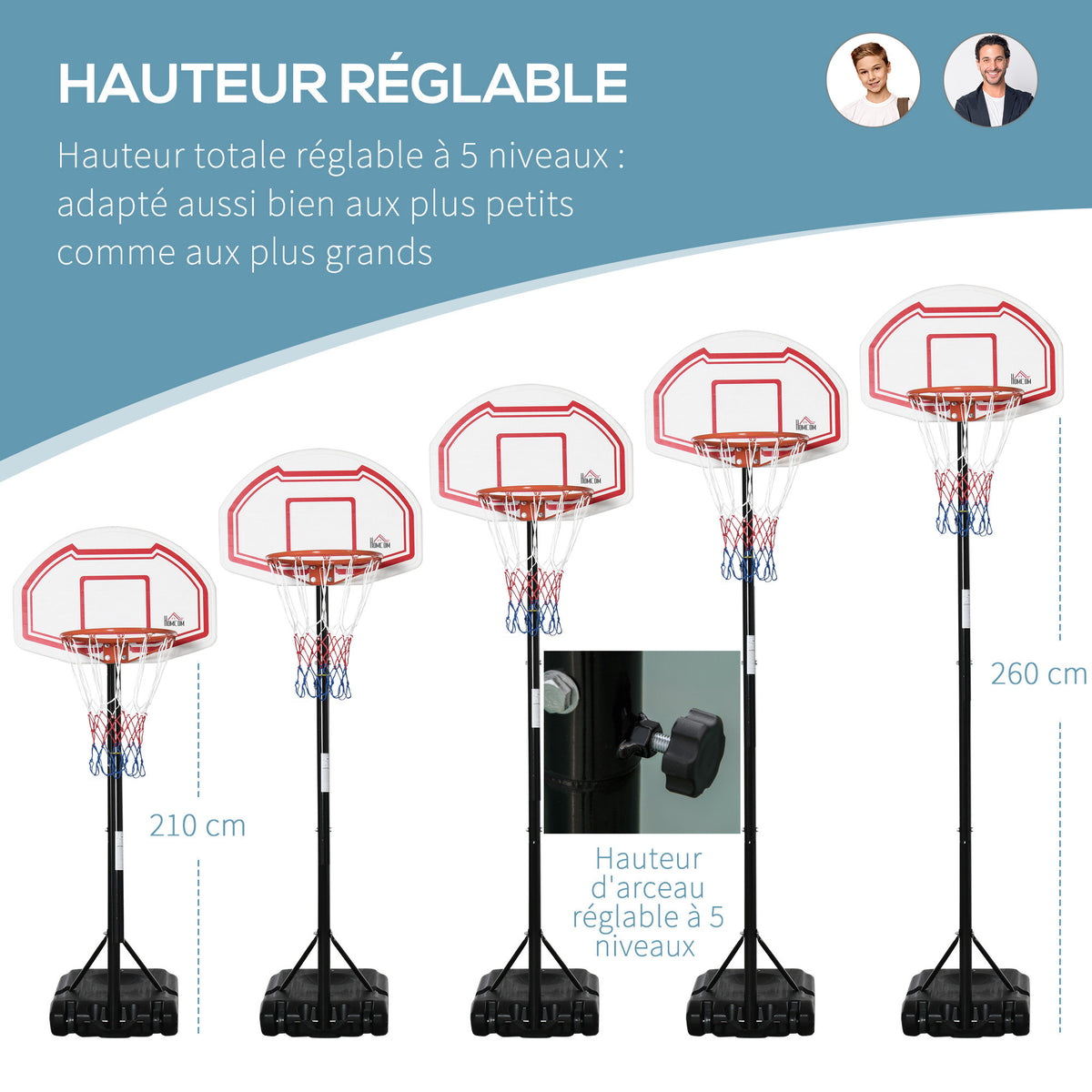 Panier de basket extérieur avec poteau panneau, base de lestage sur roulettes hauteur réglable 2,1-2,6 m (panier) - acier, noir blanc et rouge-3