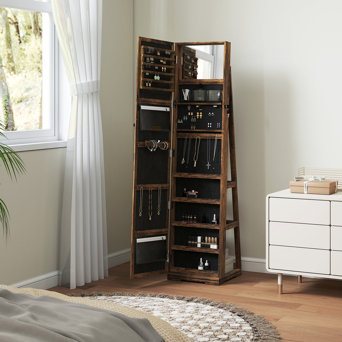 Armoire à Bijoux pivotante verrouillable boîte à bijoux avec Miroir - Armoire Bijoux Multi-Rangement - Brun Rustique-7