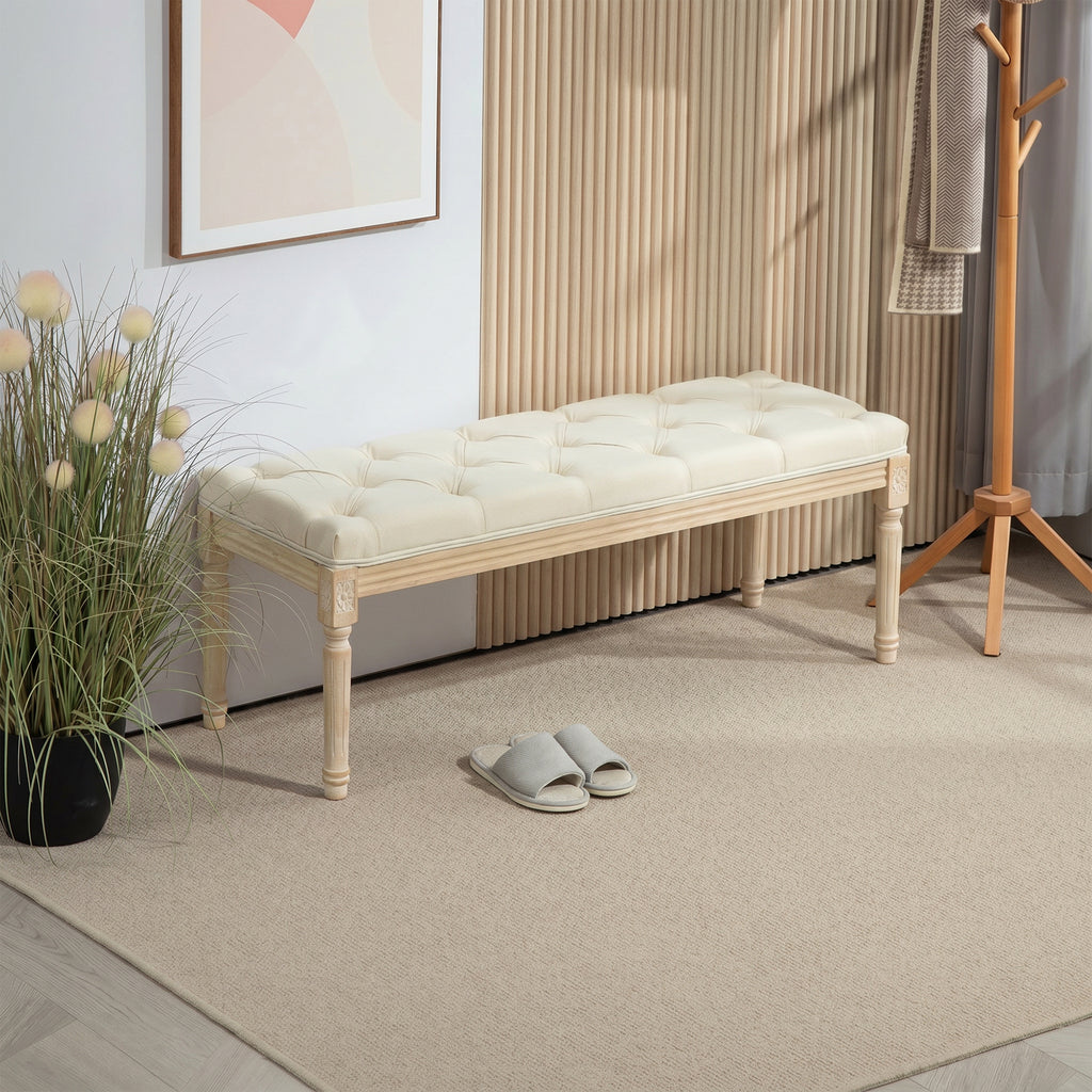 Banc Banquette classique capitonné 115cm bout de lit Rembourrée en lin - bois d'hévéa sculpté, patiné - crème-1