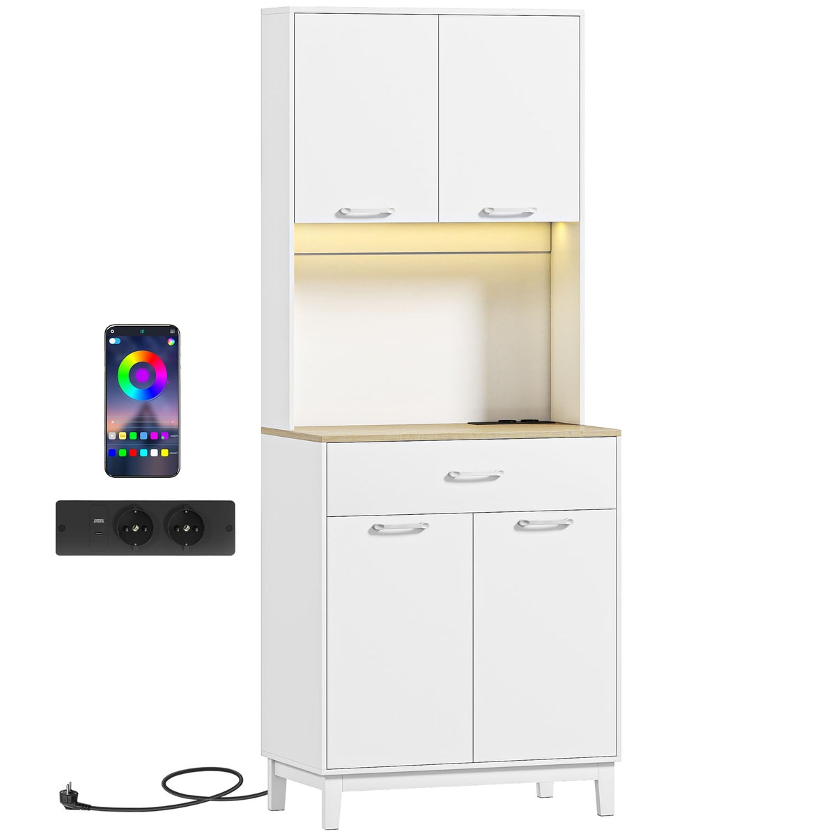 Buffet haut cuisine avec LED et station de charge, armoire de cuisine avec 4 portes, tiroir et plan de travail, blanc-0