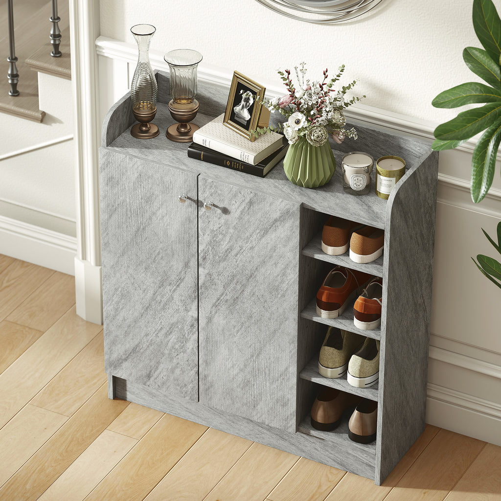 Meuble de rangement à chaussures pour entrée avec 4 compartiments ouverts et placard double porte - étagère réglable-6