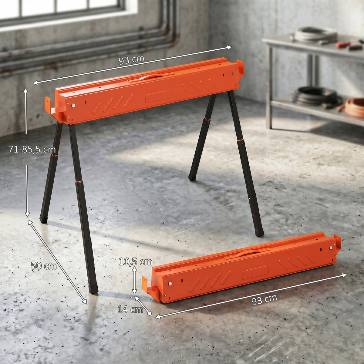 Lot de 2 Tréteaux Pliables en Métal, Charge Max. 500 kg, Tréteaux Portables, Hauteur Réglable 71-85,5cm, Orange-2