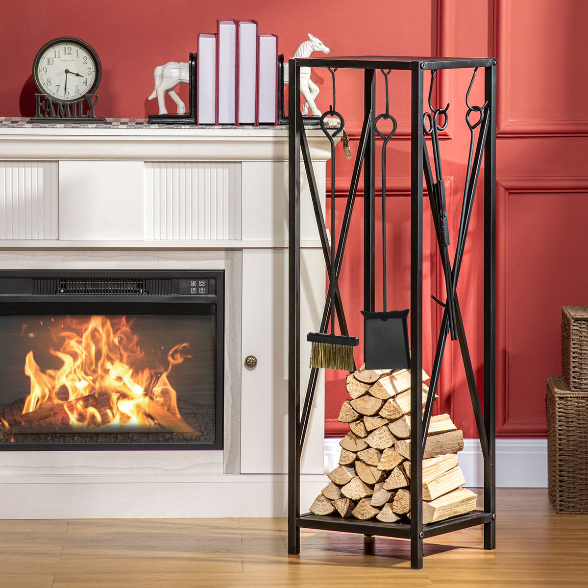 Porte bûches - Range bûches Serviteur de cheminée Colonne - Multi Accessoires dim. 34L x 34l x 111H cm métal Noir-1