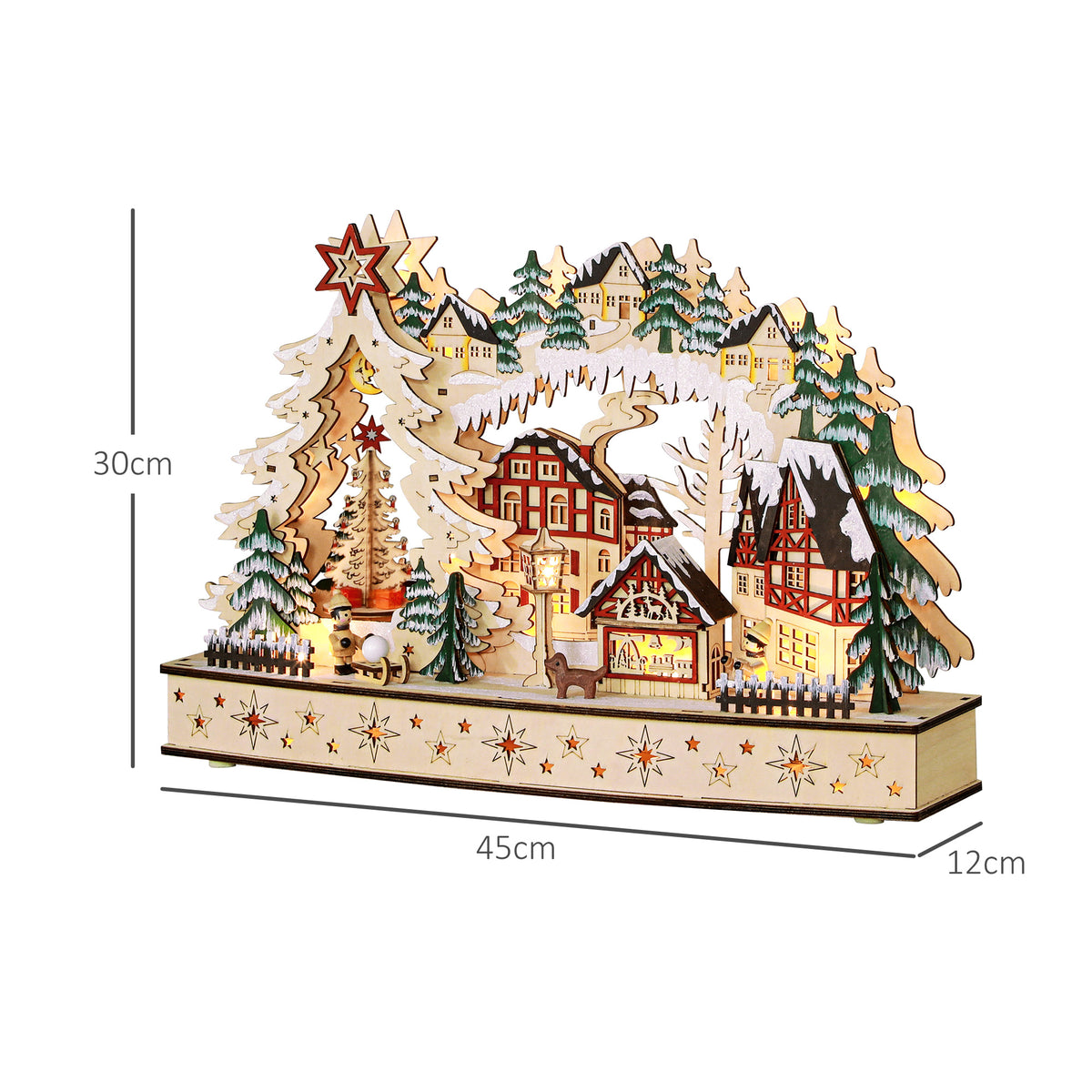 Village de Noël lumineux, village de Noël animé en bois, avec 20 LED, paysage enneigé, 45L x 12l x 30H cm, bois naturel-2