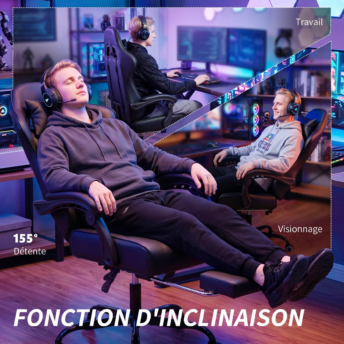 Chaise gaming ergonomique, fauteuil gamer avec support lombaire massant, dossier inclinable, hauteur réglable, noir-4